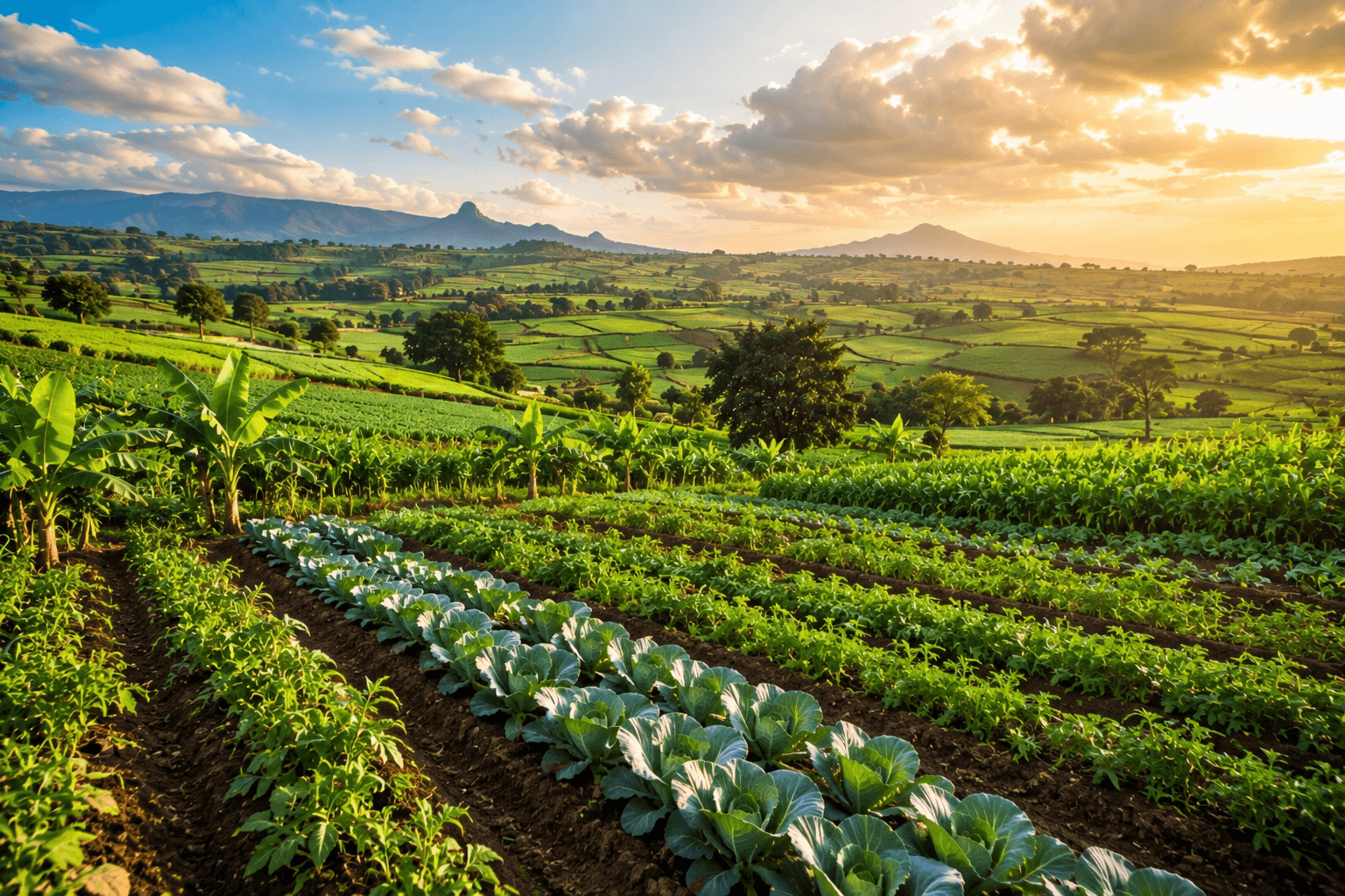 East African vegetable farm at sunset